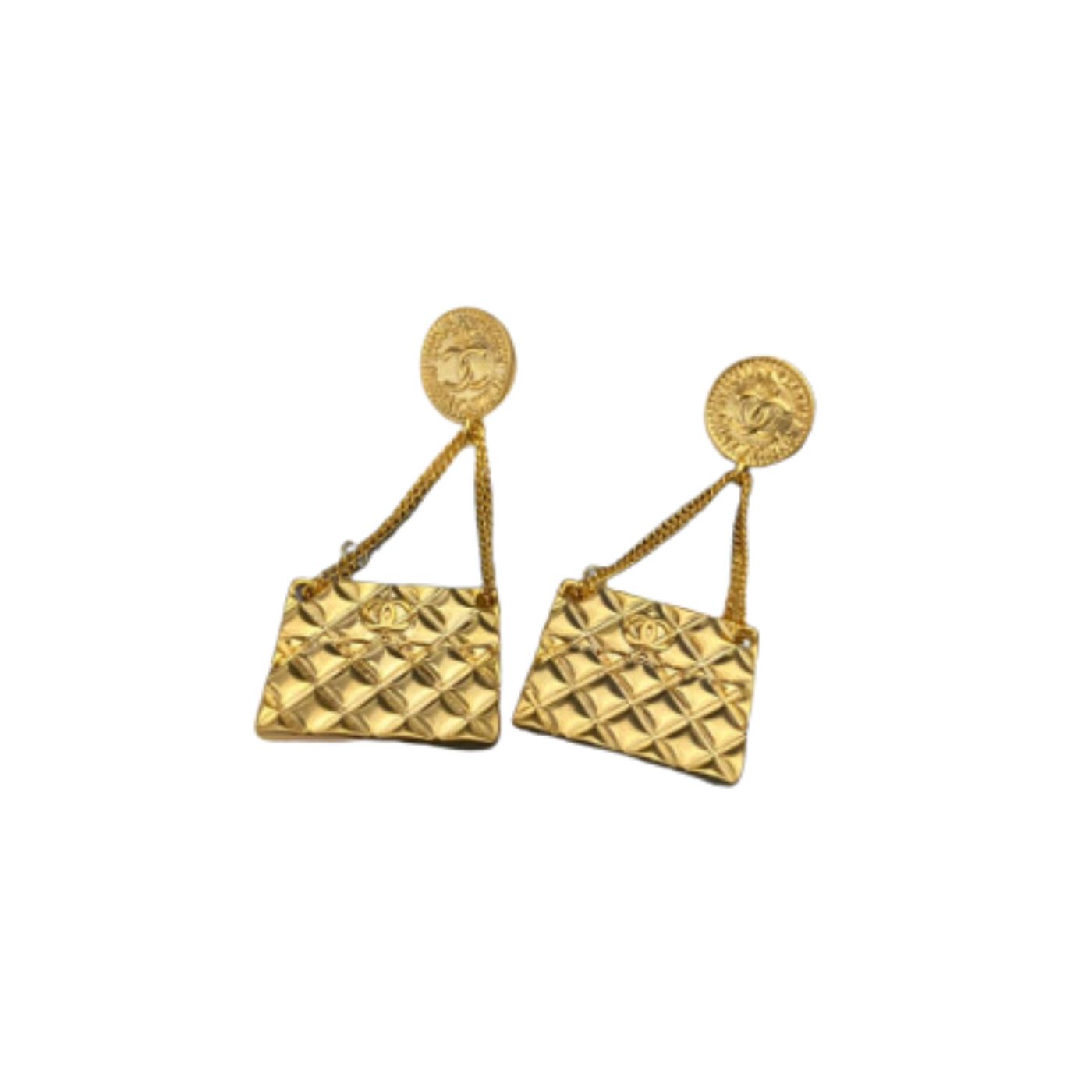 Chanel Engraved Douple C Handbag Earrings Gold Tone For Women