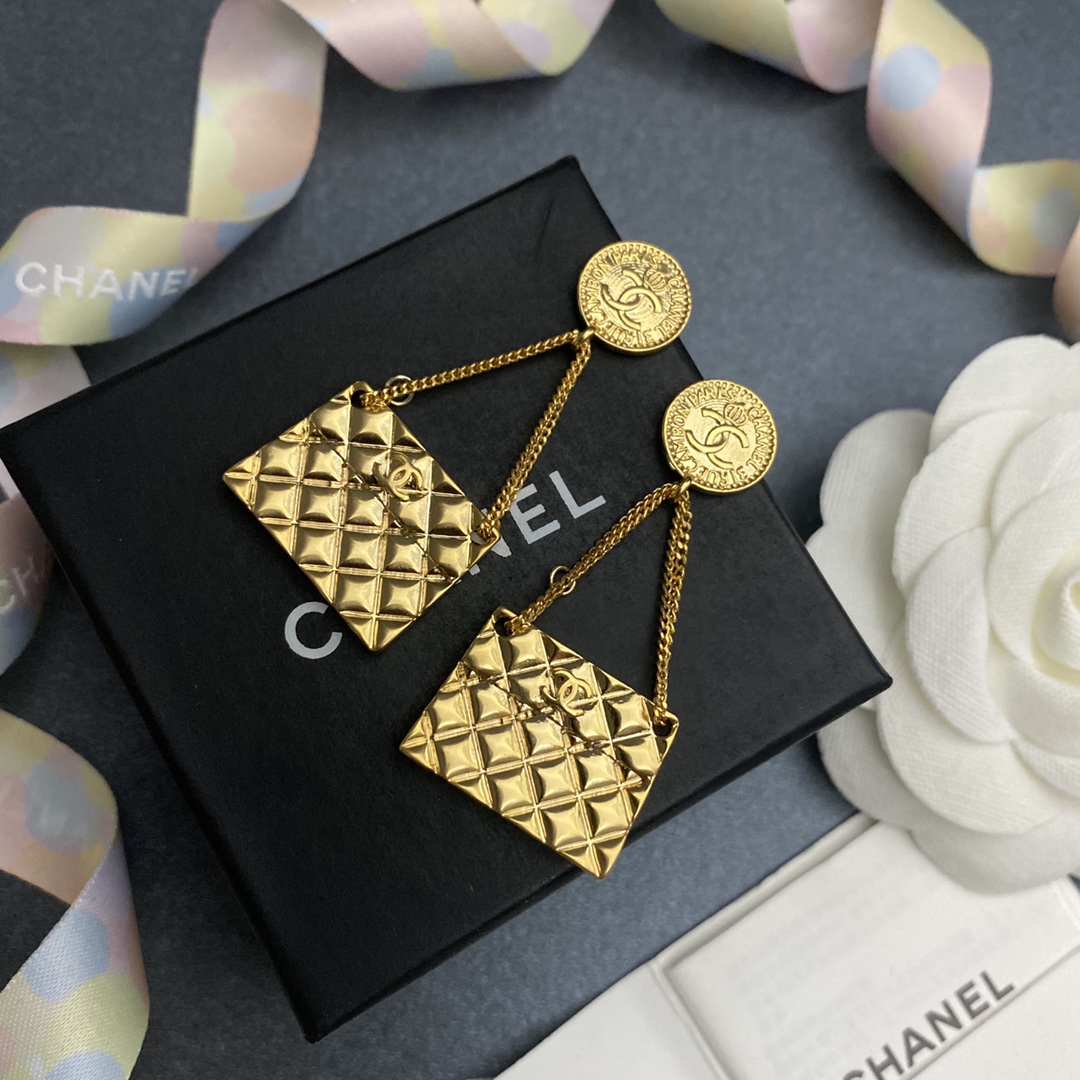 Chanel Engraved Douple C Handbag Earrings Gold Tone For Women