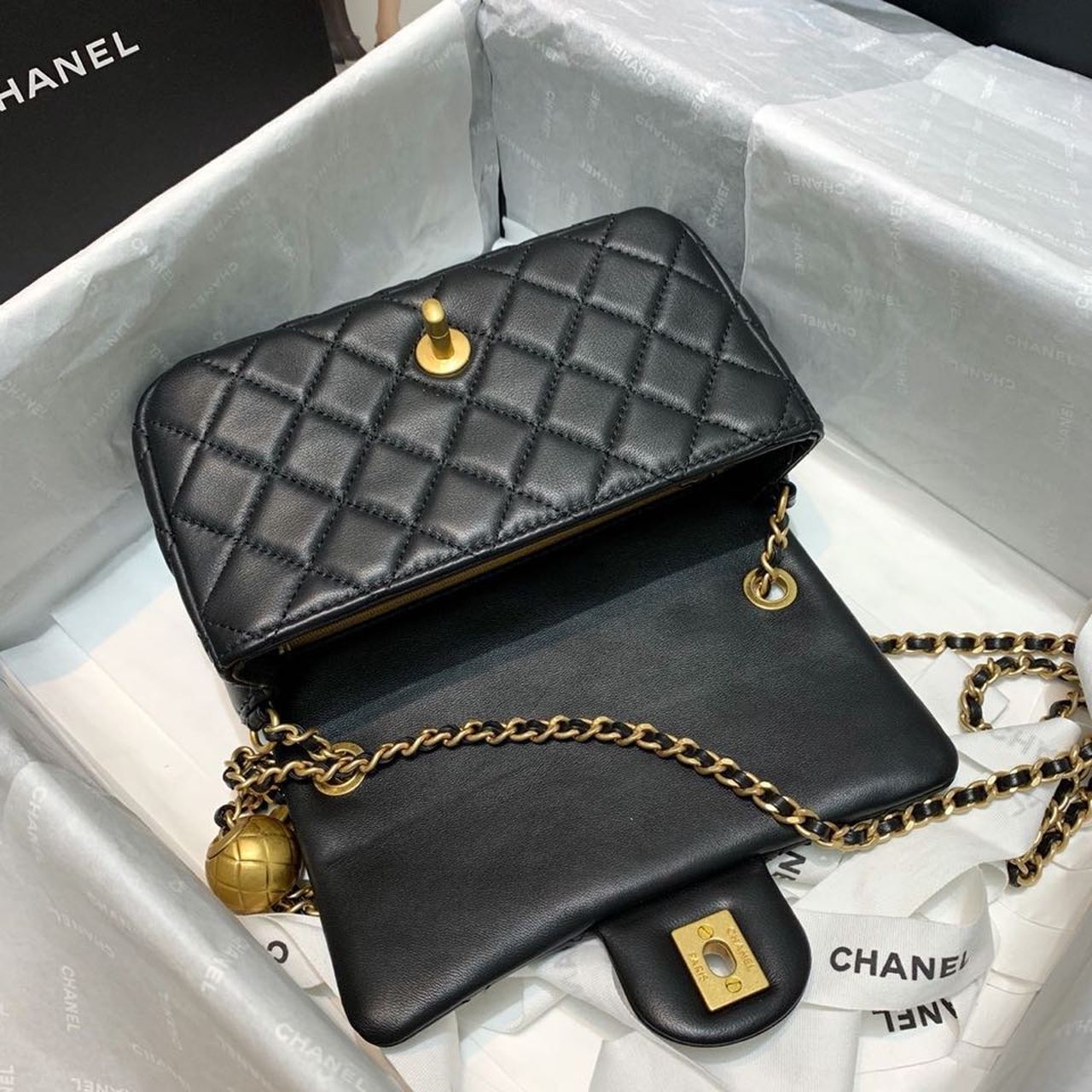 Chanel Flap Bag With CC Ball On Strap Black For Women, Women’s Handbags, Shoulder And Crossbody Bags 7.8in/20cm