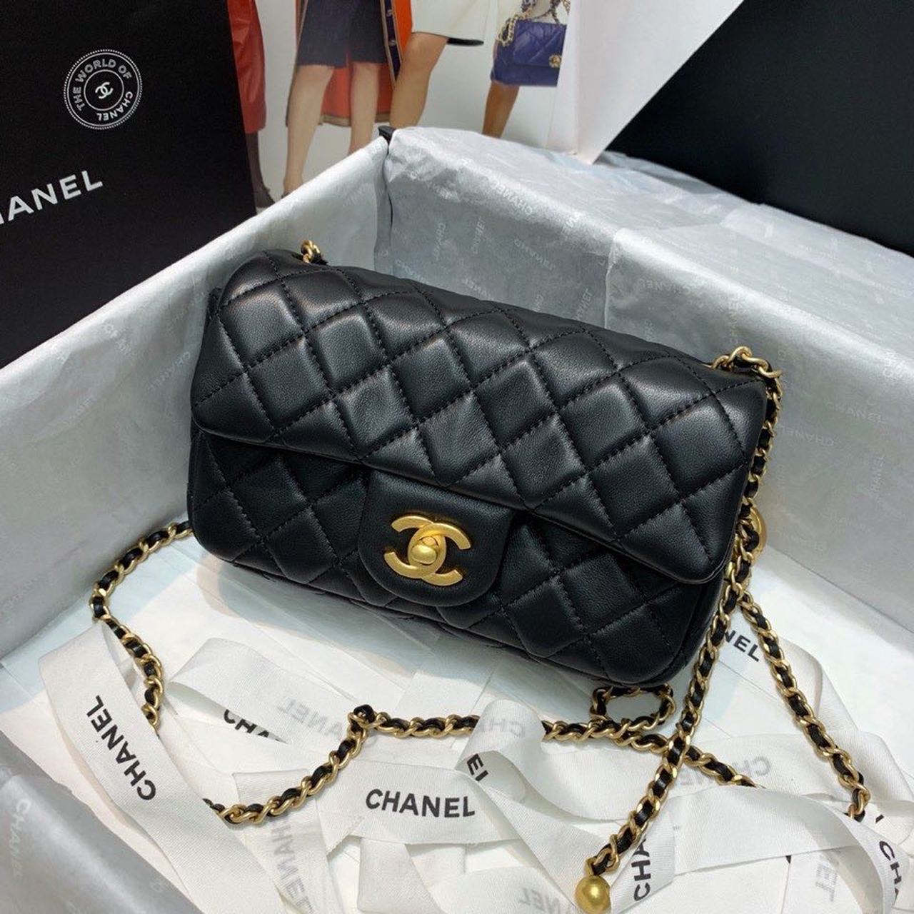 Chanel Flap Bag With CC Ball On Strap Black For Women, Women’s Handbags, Shoulder And Crossbody Bags 7.8in/20cm