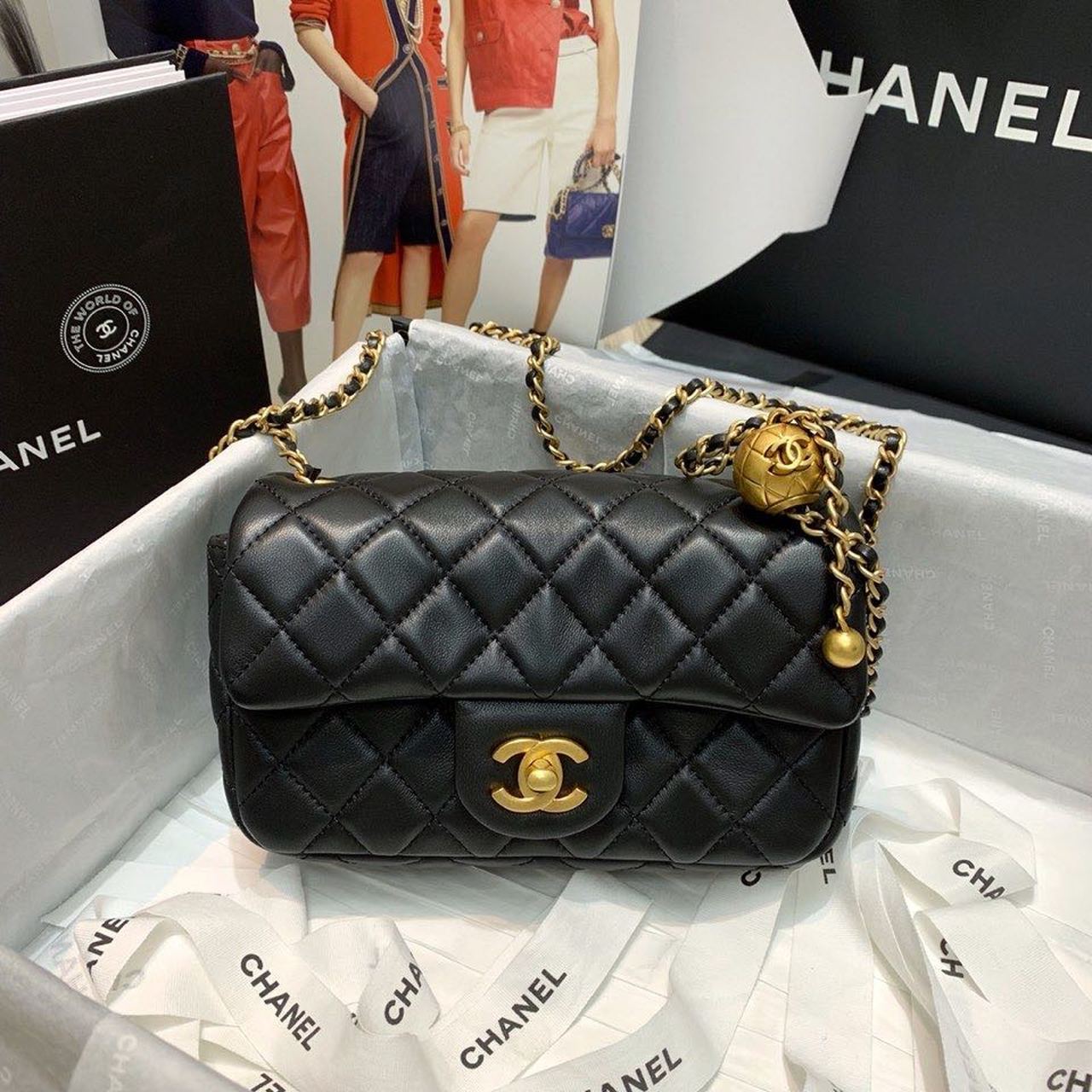 Chanel Flap Bag With CC Ball On Strap Black For Women, Women’s Handbags, Shoulder And Crossbody Bags 7.8in/20cm