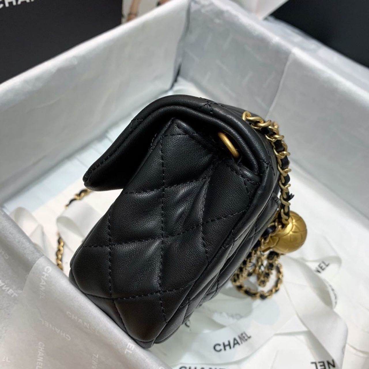 Chanel Flap Bag With CC Ball On Strap Black For Women, Women’s Handbags, Shoulder And Crossbody Bags 7.8in/20cm
