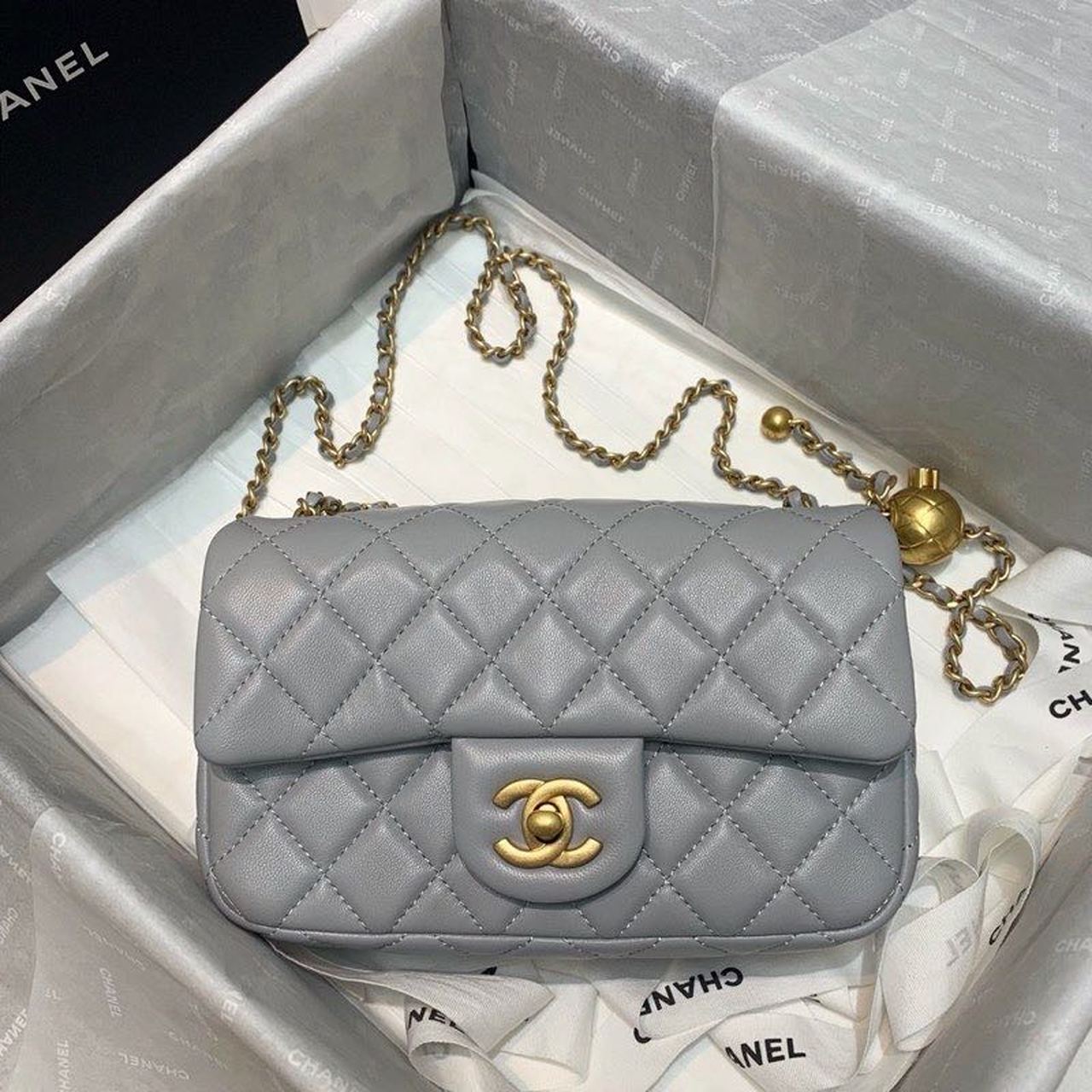 Chanel Flap Bag With CC Ball On Strap Grey For Women, Women’s Handbags, Shoulder And Crossbody Bags 7.8in/20cm