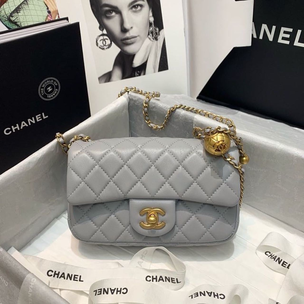 Chanel Flap Bag With CC Ball On Strap Grey For Women, Women’s Handbags, Shoulder And Crossbody Bags 7.8in/20cm