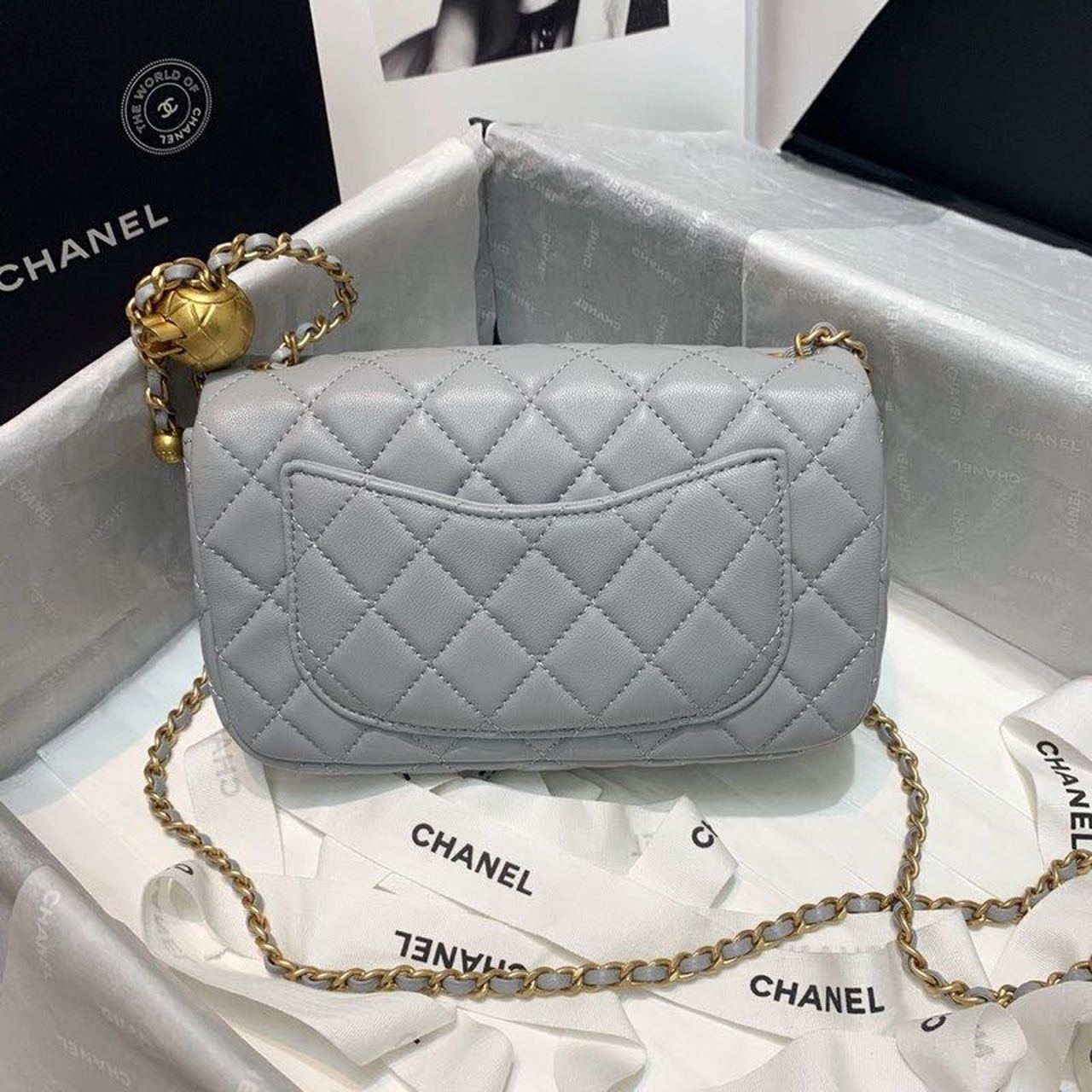 Chanel Flap Bag With CC Ball On Strap Grey For Women, Women’s Handbags, Shoulder And Crossbody Bags 7.8in/20cm