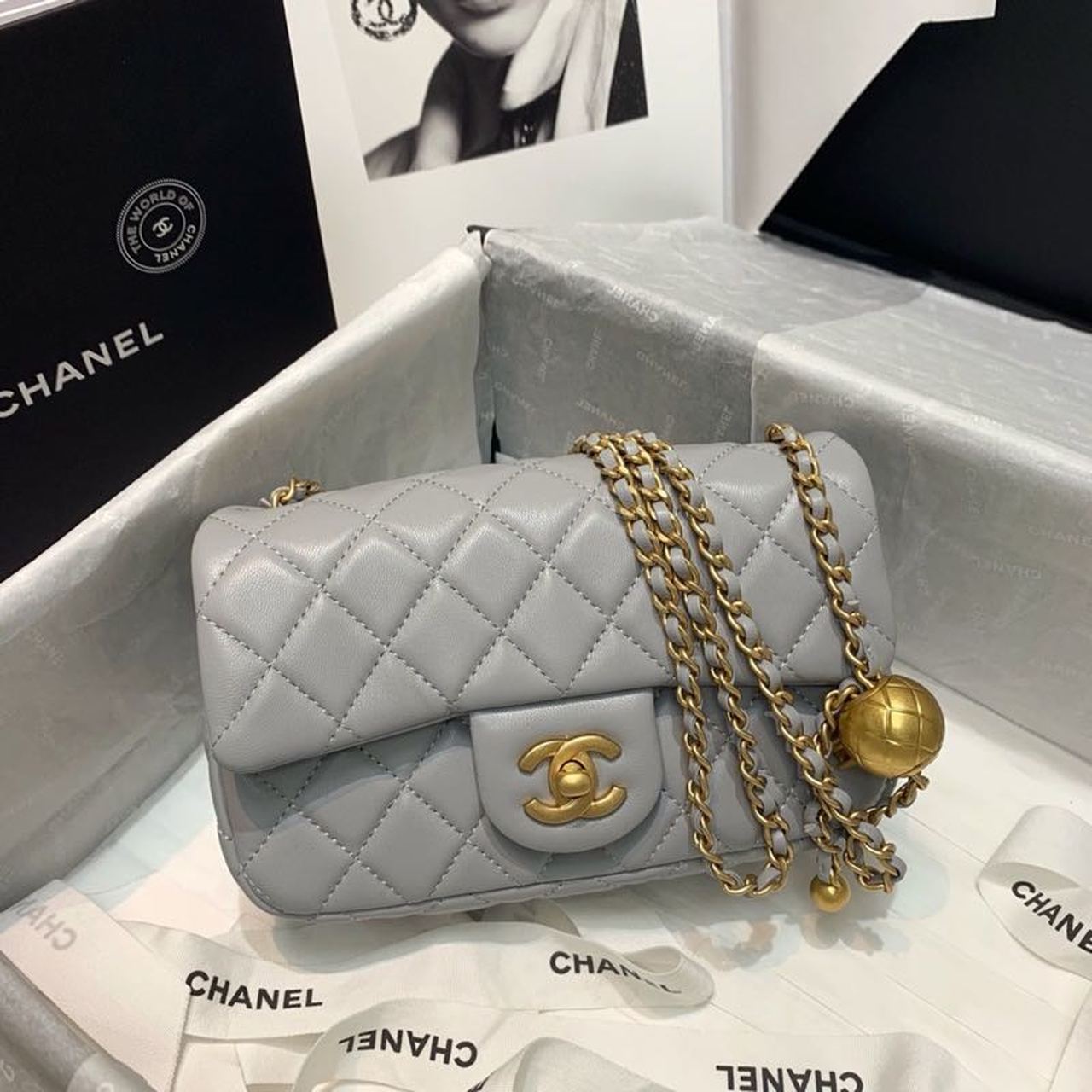 Chanel Flap Bag With CC Ball On Strap Grey For Women, Women’s Handbags, Shoulder And Crossbody Bags 7.8in/20cm
