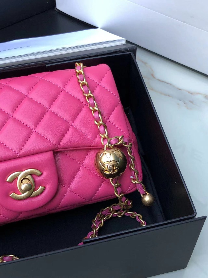 Chanel Flap Bag With CC Ball On Strap Pink For Women, Women’s Handbags, Shoulder And Crossbody Bags 7.8in/20cm