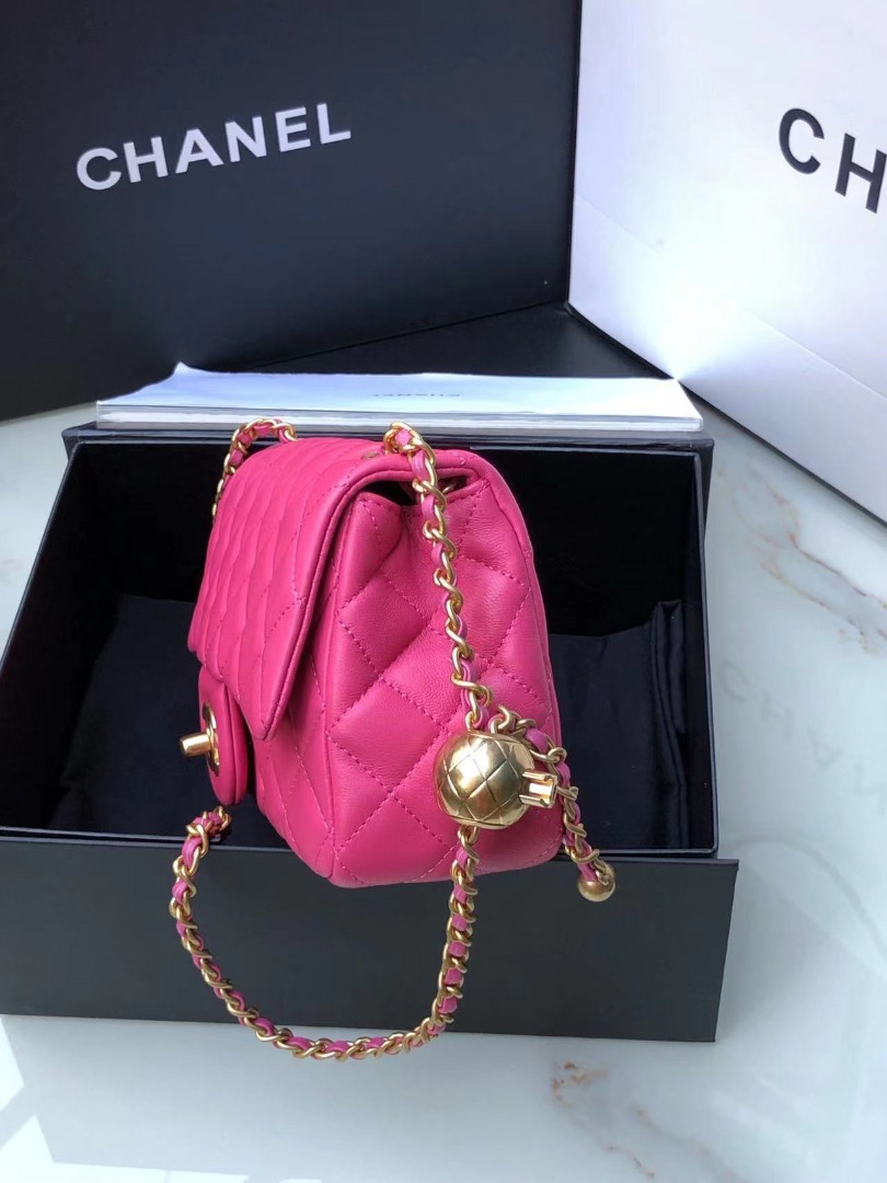 Chanel Flap Bag With CC Ball On Strap Pink For Women, Women’s Handbags, Shoulder And Crossbody Bags 7.8in/20cm