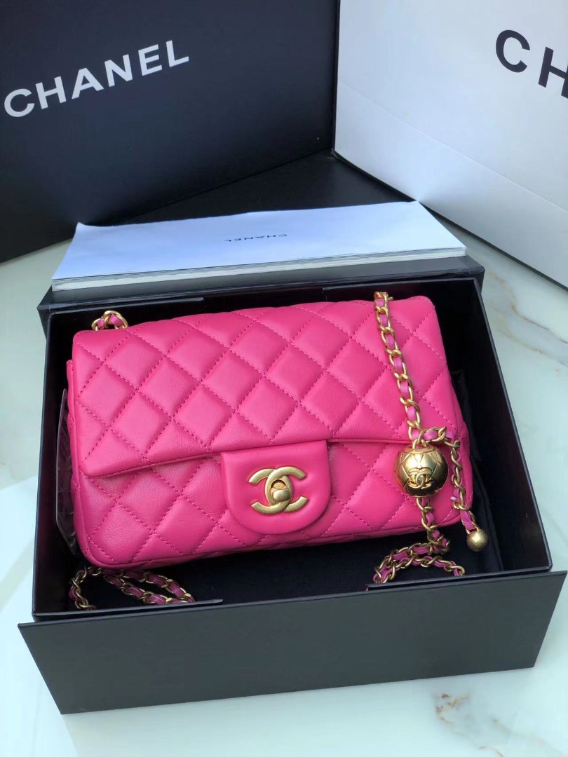 Chanel Flap Bag With CC Ball On Strap Pink For Women, Women’s Handbags, Shoulder And Crossbody Bags 7.8in/20cm
