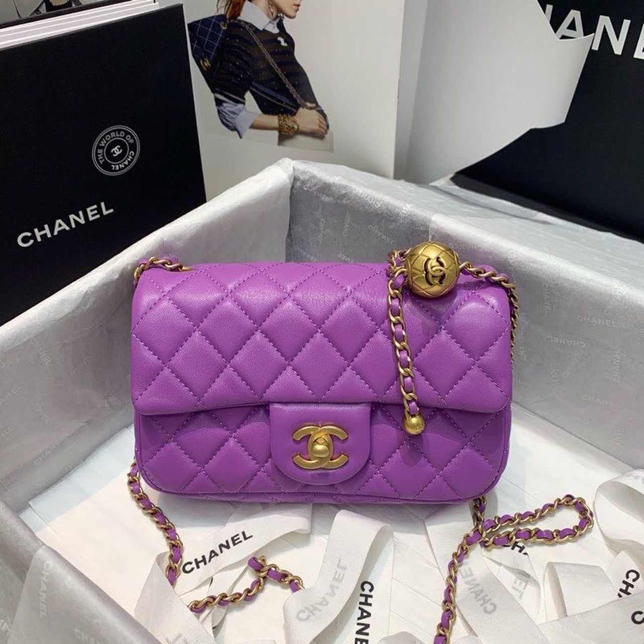 Chanel Flap Bag With CC Ball On Strap Purple For Women, Women’s Handbags, Shoulder And Crossbody Bags 7.8in/20cm
