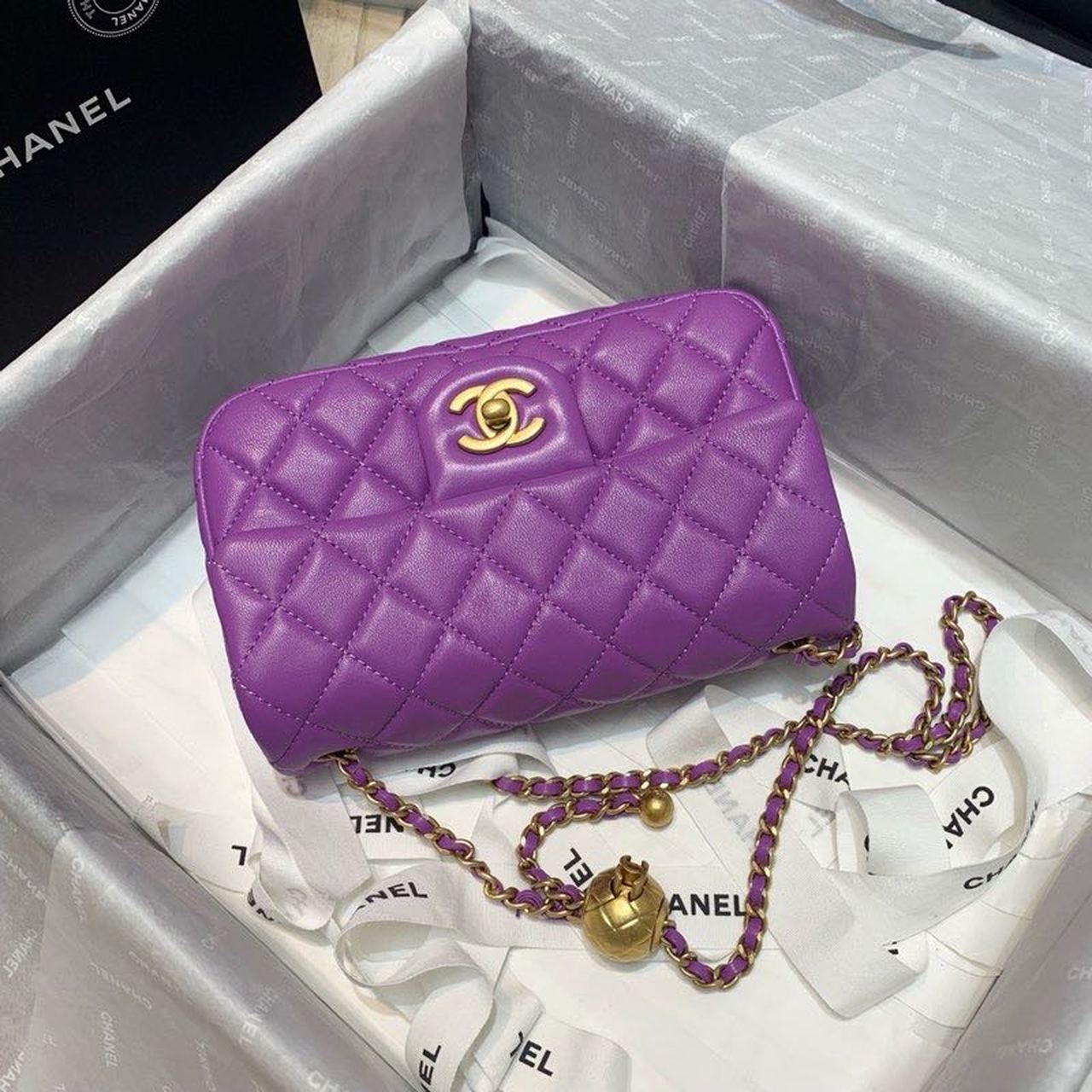 Chanel Flap Bag With CC Ball On Strap Purple For Women, Women’s Handbags, Shoulder And Crossbody Bags 7.8in/20cm