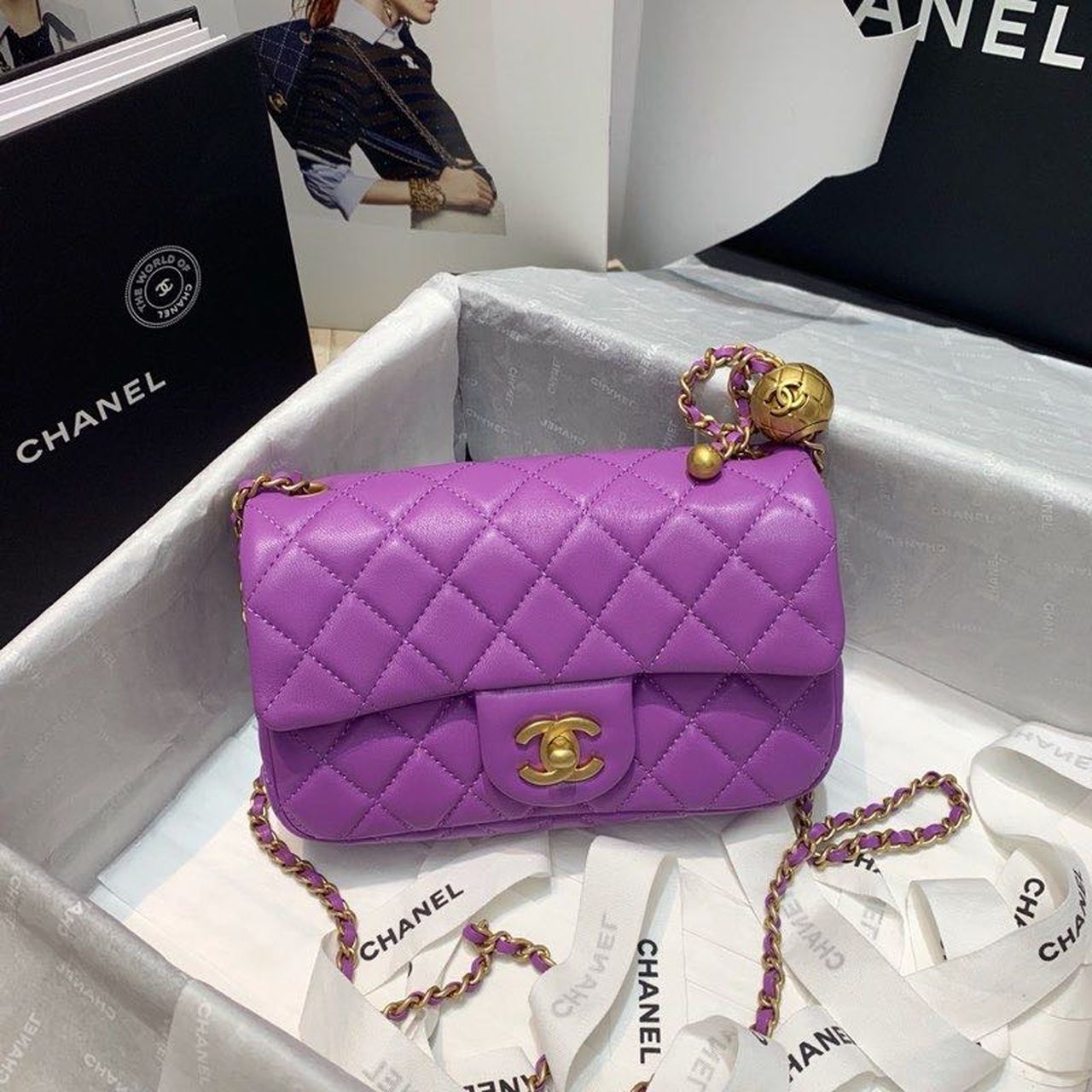 Chanel Flap Bag With CC Ball On Strap Purple For Women, Women’s Handbags, Shoulder And Crossbody Bags 7.8in/20cm