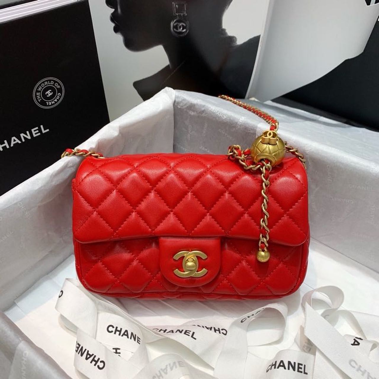 Chanel Flap Bag With CC Ball On Strap Red For Women, Women’s Handbags, Shoulder And Crossbody Bags 7.8in/20cm