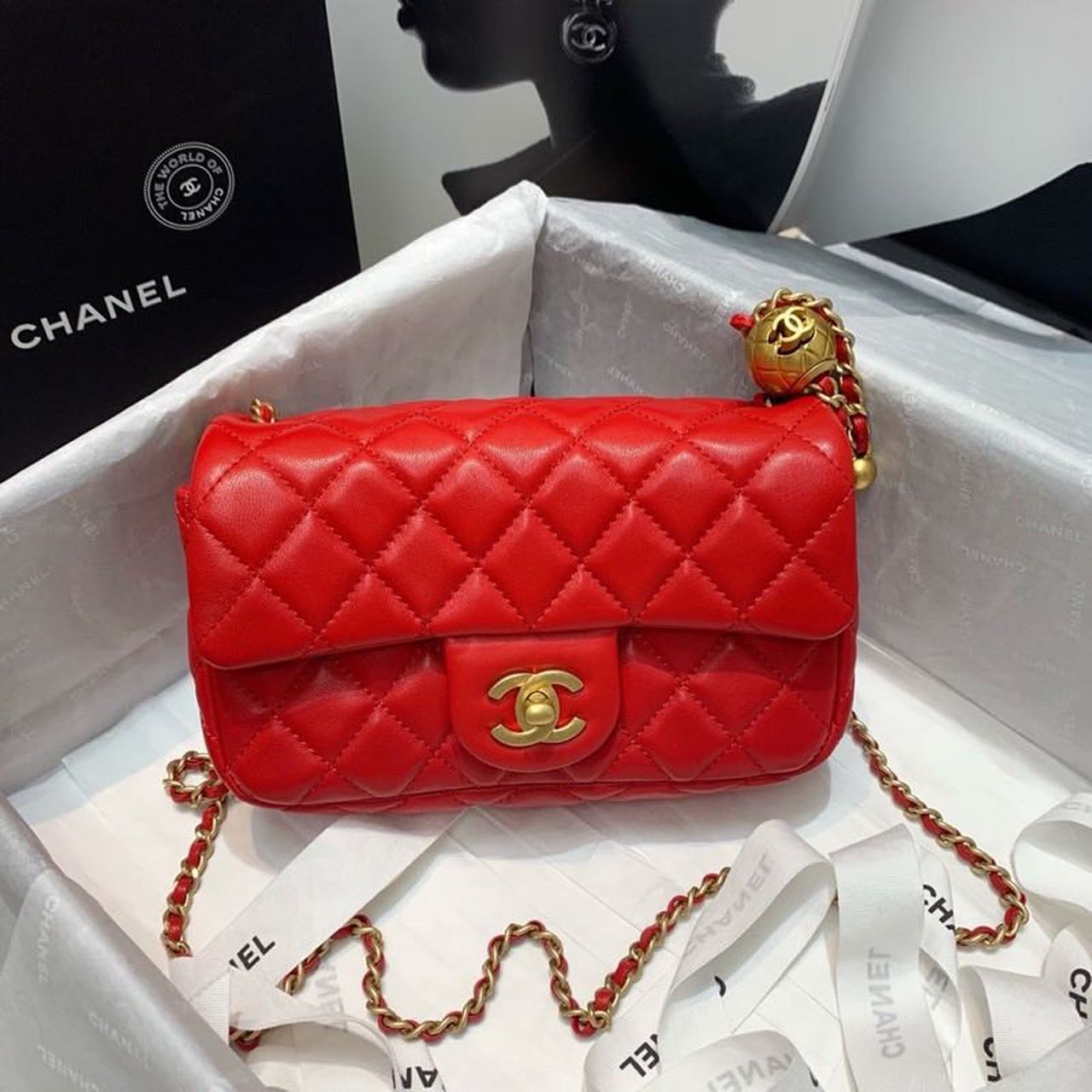 Chanel Flap Bag With CC Ball On Strap Red For Women, Women’s Handbags, Shoulder And Crossbody Bags 7.8in/20cm