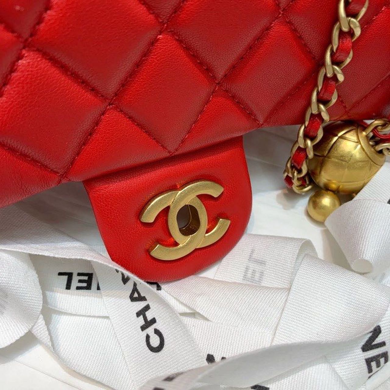 Chanel Flap Bag With CC Ball On Strap Red For Women, Women’s Handbags, Shoulder And Crossbody Bags 7.8in/20cm