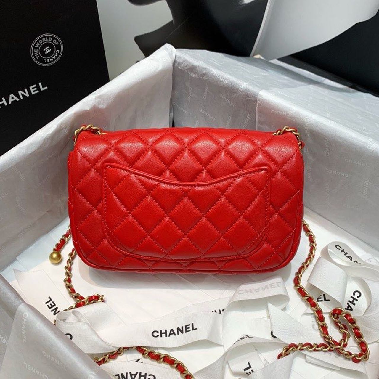 Chanel Flap Bag With CC Ball On Strap Red For Women, Women’s Handbags, Shoulder And Crossbody Bags 7.8in/20cm