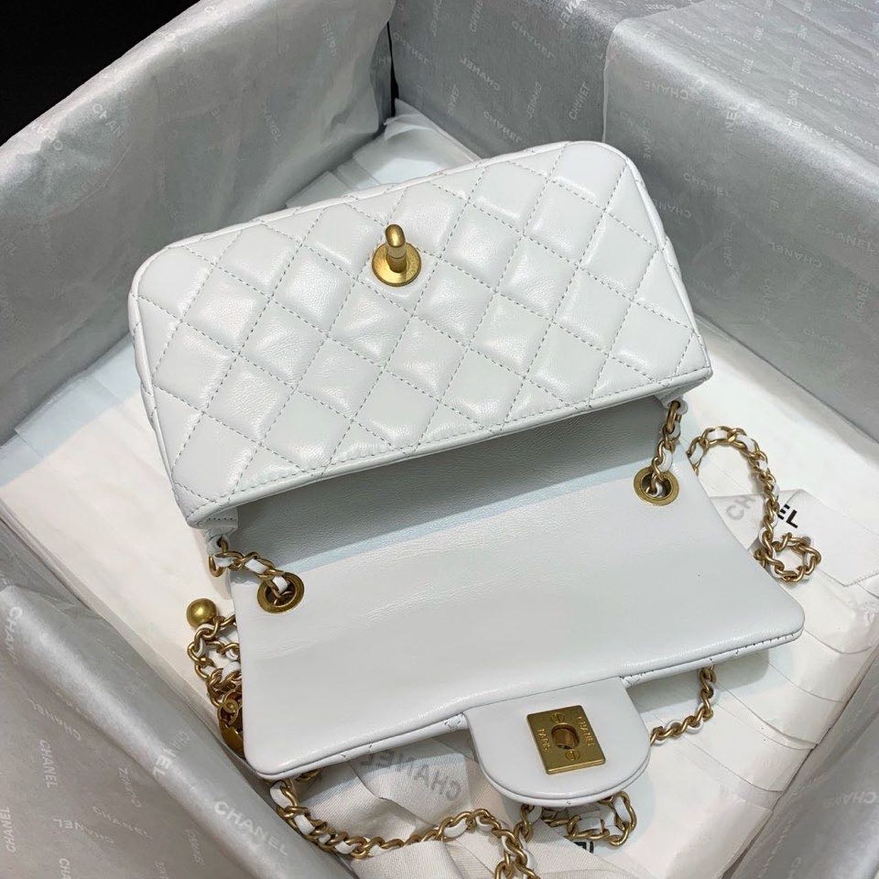 Chanel Flap Bag With CC Ball On Strap White For Women, Women’s Handbags, Shoulder And Crossbody Bags 7.8in/20cm