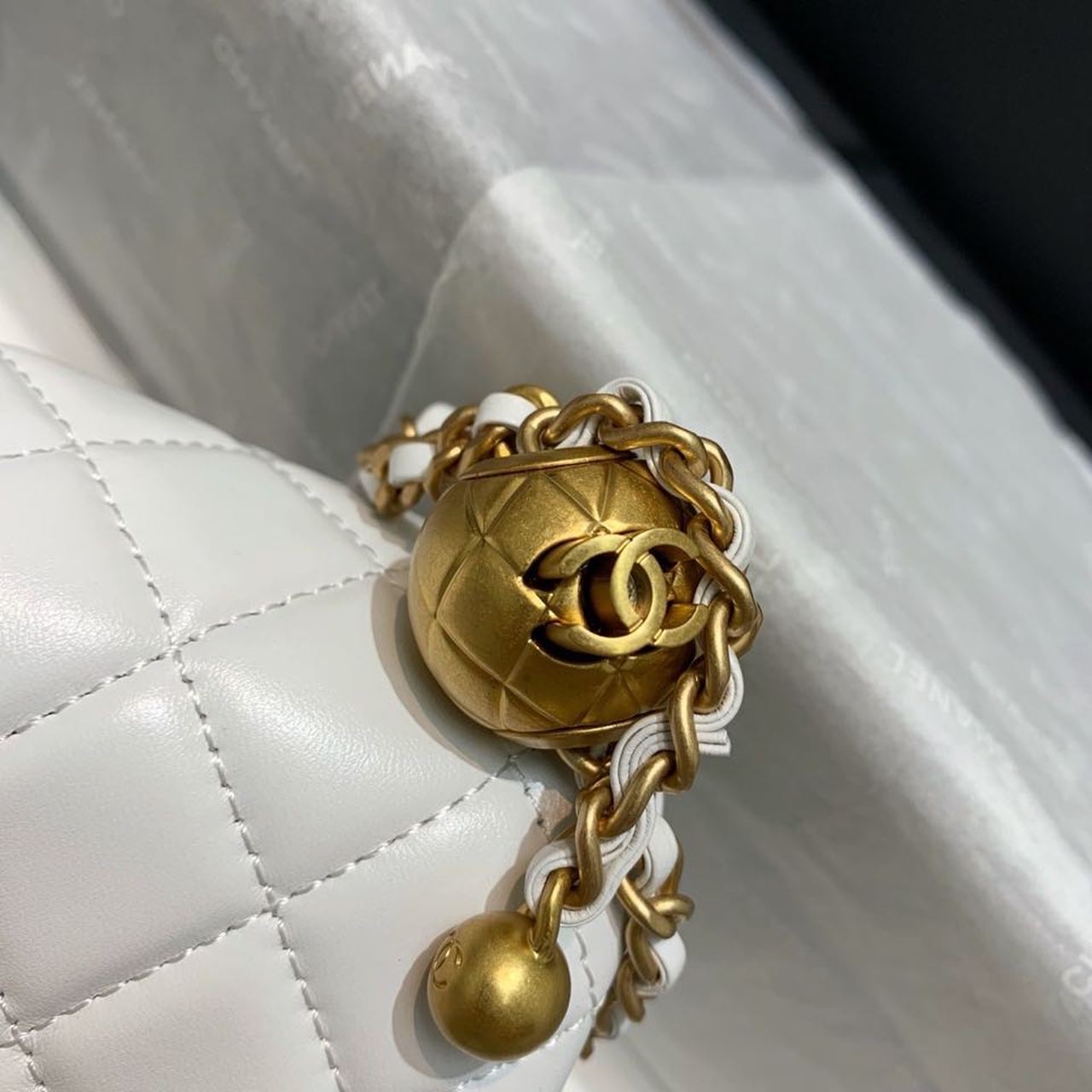 Chanel Flap Bag With CC Ball On Strap White For Women, Women’s Handbags, Shoulder And Crossbody Bags 7.8in/20cm