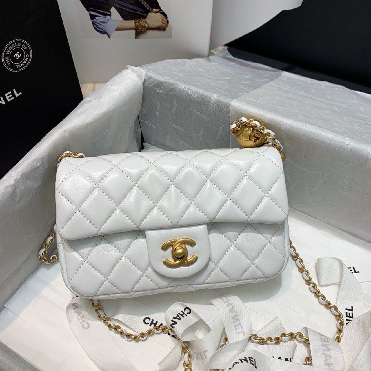 Chanel Flap Bag With CC Ball On Strap White For Women, Women’s Handbags, Shoulder And Crossbody Bags 7.8in/20cm