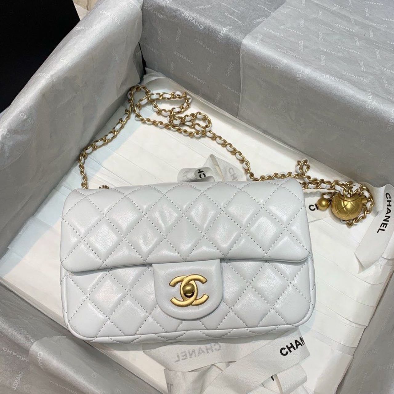 Chanel Flap Bag With CC Ball On Strap White For Women, Women’s Handbags, Shoulder And Crossbody Bags 7.8in/20cm