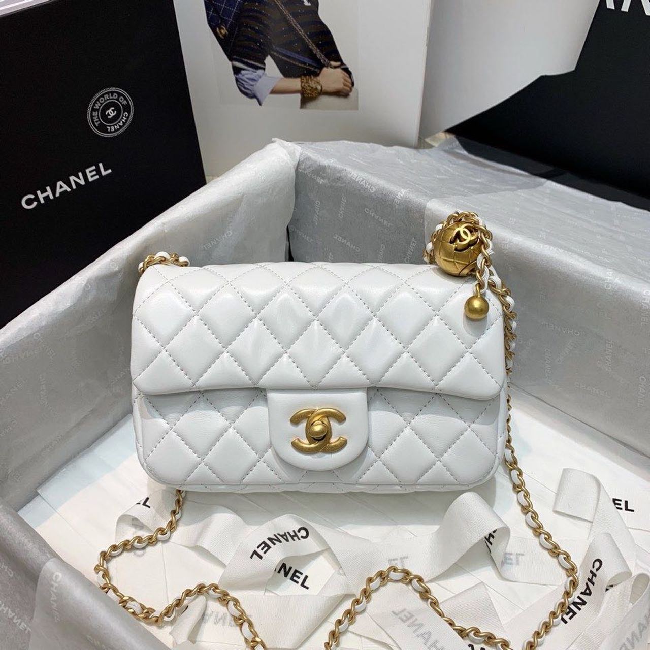 Chanel Flap Bag With CC Ball On Strap White For Women, Women’s Handbags, Shoulder And Crossbody Bags 7.8in/20cm