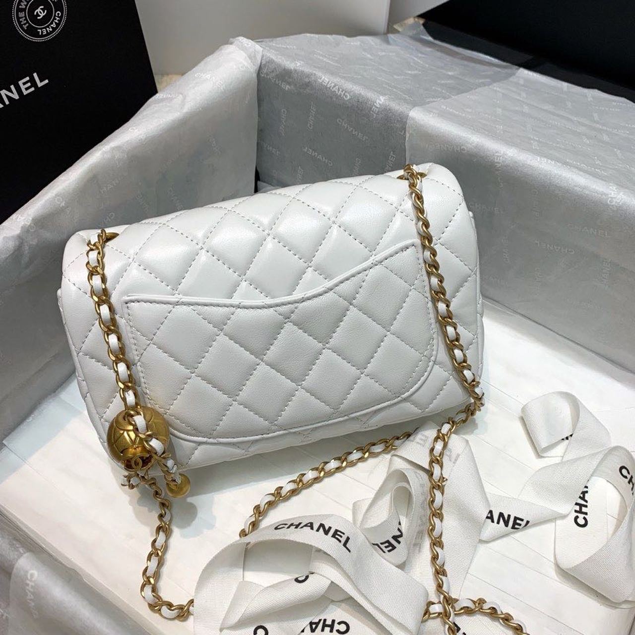 Chanel Flap Bag With CC Ball On Strap White For Women, Women’s Handbags, Shoulder And Crossbody Bags 7.8in/20cm
