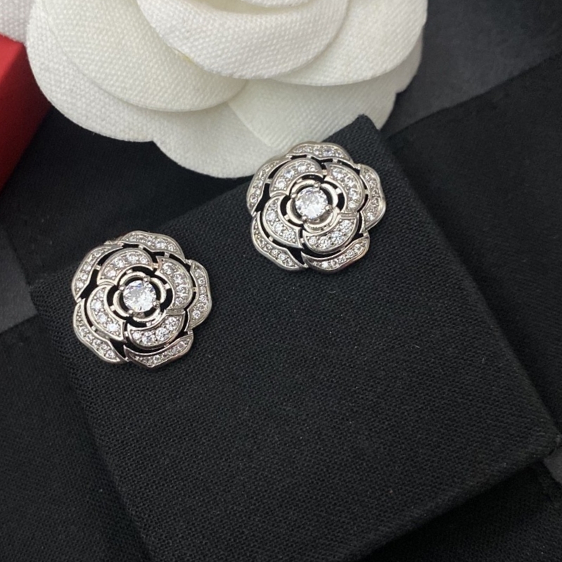 Chanel Flower Shape Earrings Silver Tone For Women