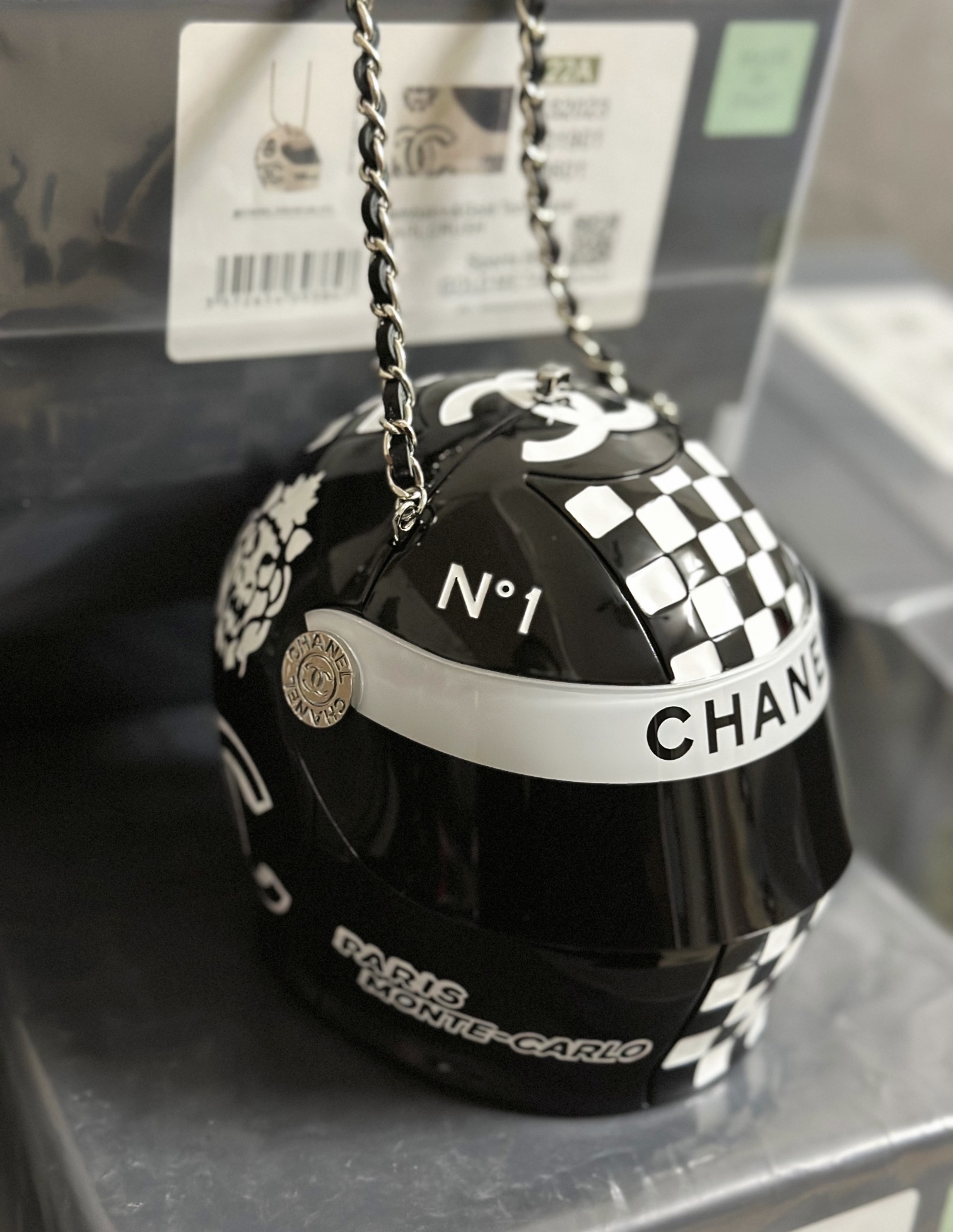 Chanel Helmet Minaudiere Black/White For Women 4.3in/11cm