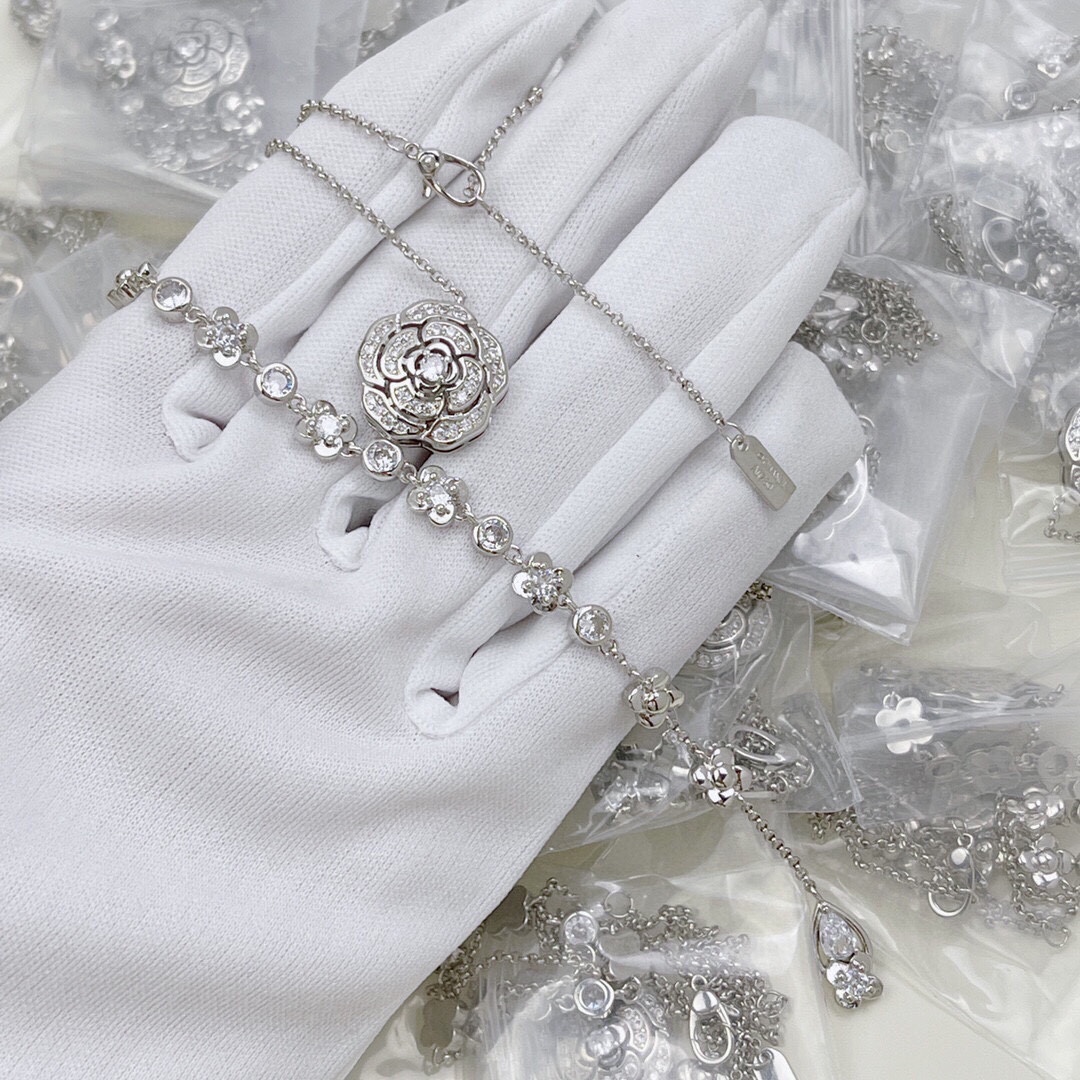 Chanel Hollow Camellia Necklace Silver For Women