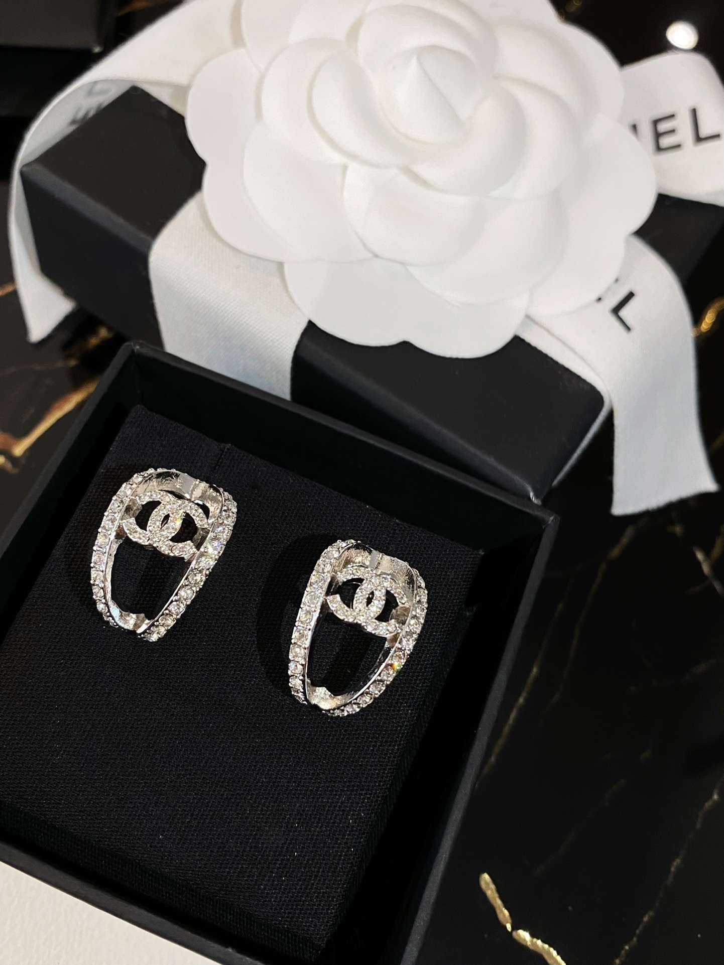 Chanel Hollow Moon Shape Earrings Silver For Women