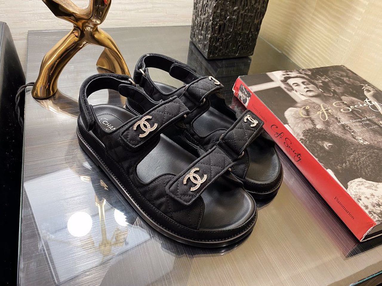 Chanel Jeweled CC Logo Jersey Velcro Sandals Lambskin Leather Spring/Summer 2020 Collection, Black