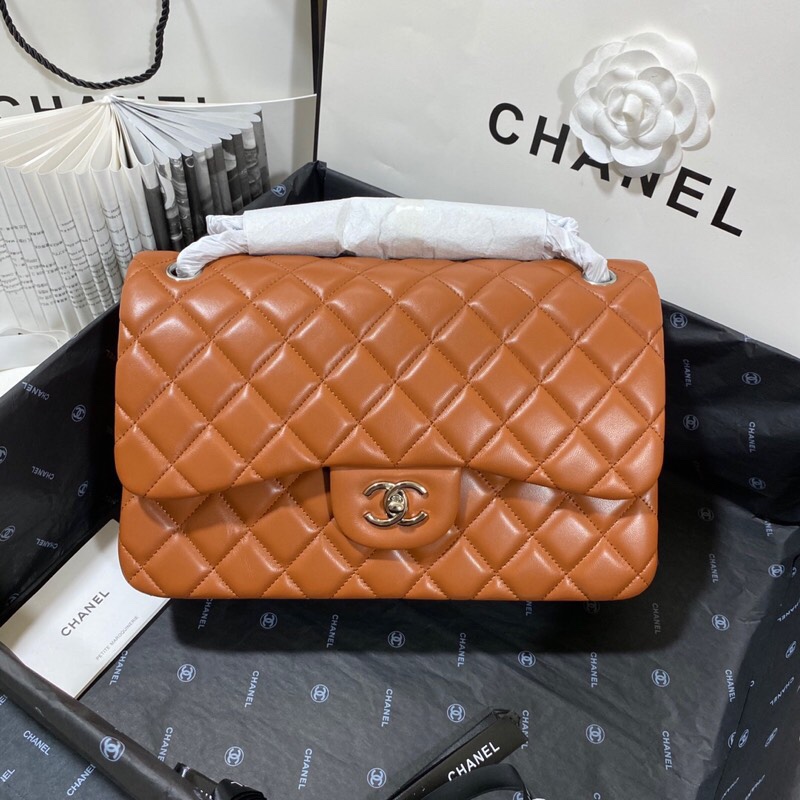 Chanel Large Classic Handbag Silver Hardware Brown For Women, Women’s Handbags, Shoulder Bags 11.8in/30cm