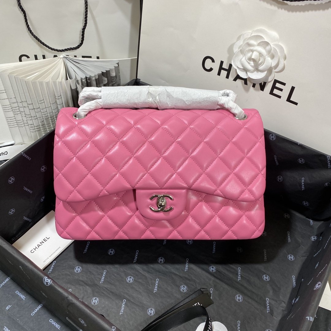 Chanel Large Classic Handbag Silver Hardware Pink For Women, Women’s Handbags, Shoulder Bags 11.8in/30cm