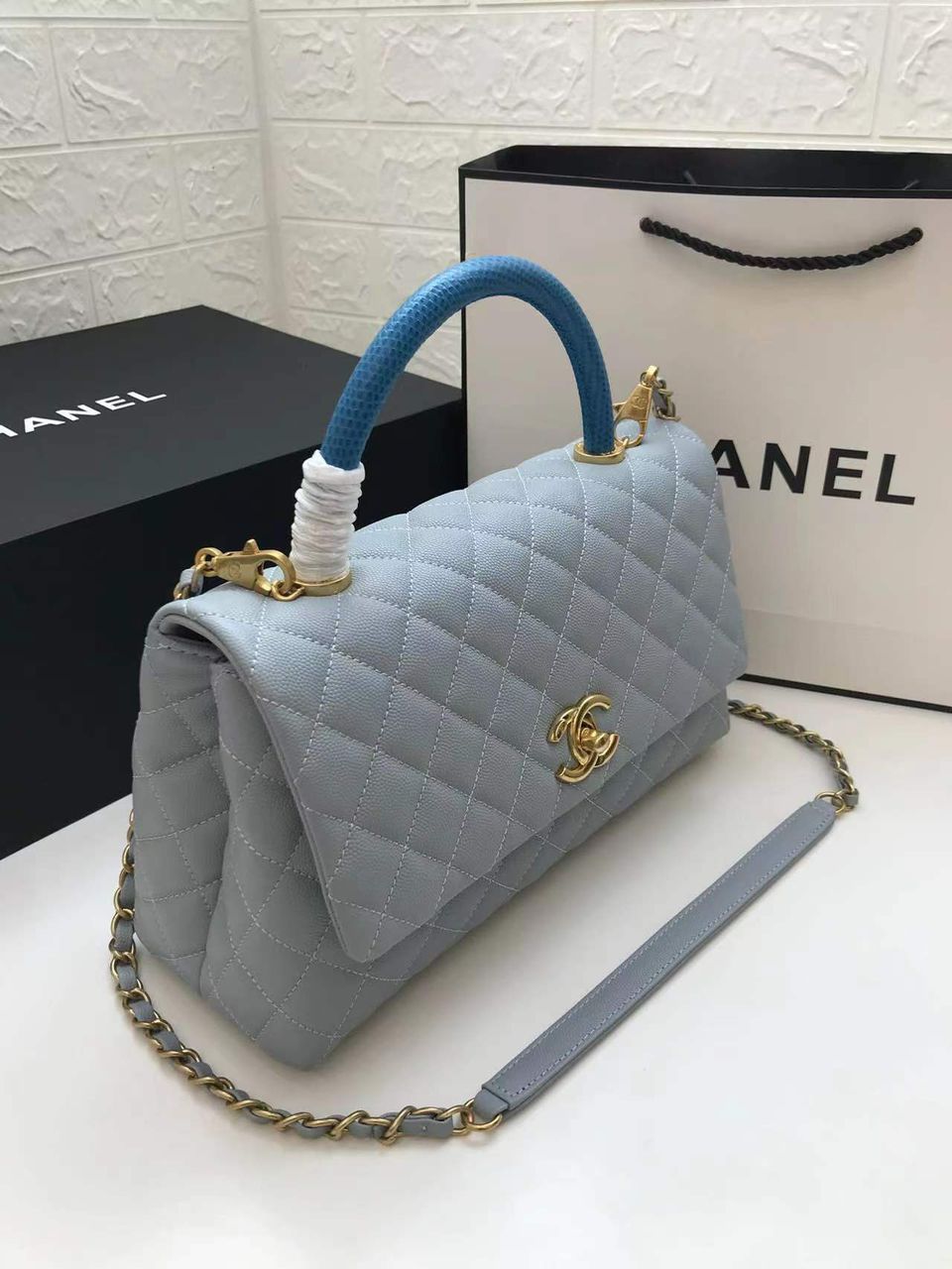 Chanel Large Flap Bag With Top Handle Light Grey For Women, Women’s Handbags, Shoulder And Crossbody Bags 11in/28cm