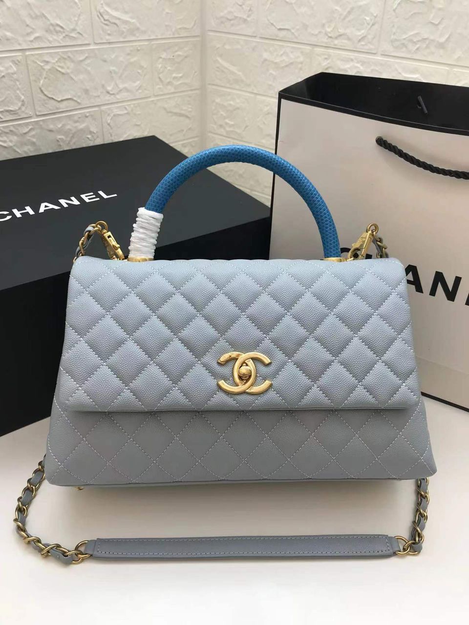 Chanel Large Flap Bag With Top Handle Light Grey For Women, Women’s Handbags, Shoulder And Crossbody Bags 11in/28cm
