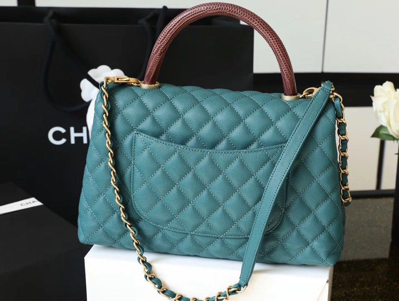 Chanel Large Flap Bag With Top Handle Teal For Women, Women’s Handbags, Shoulder And Crossbody Bags 11in/28cm