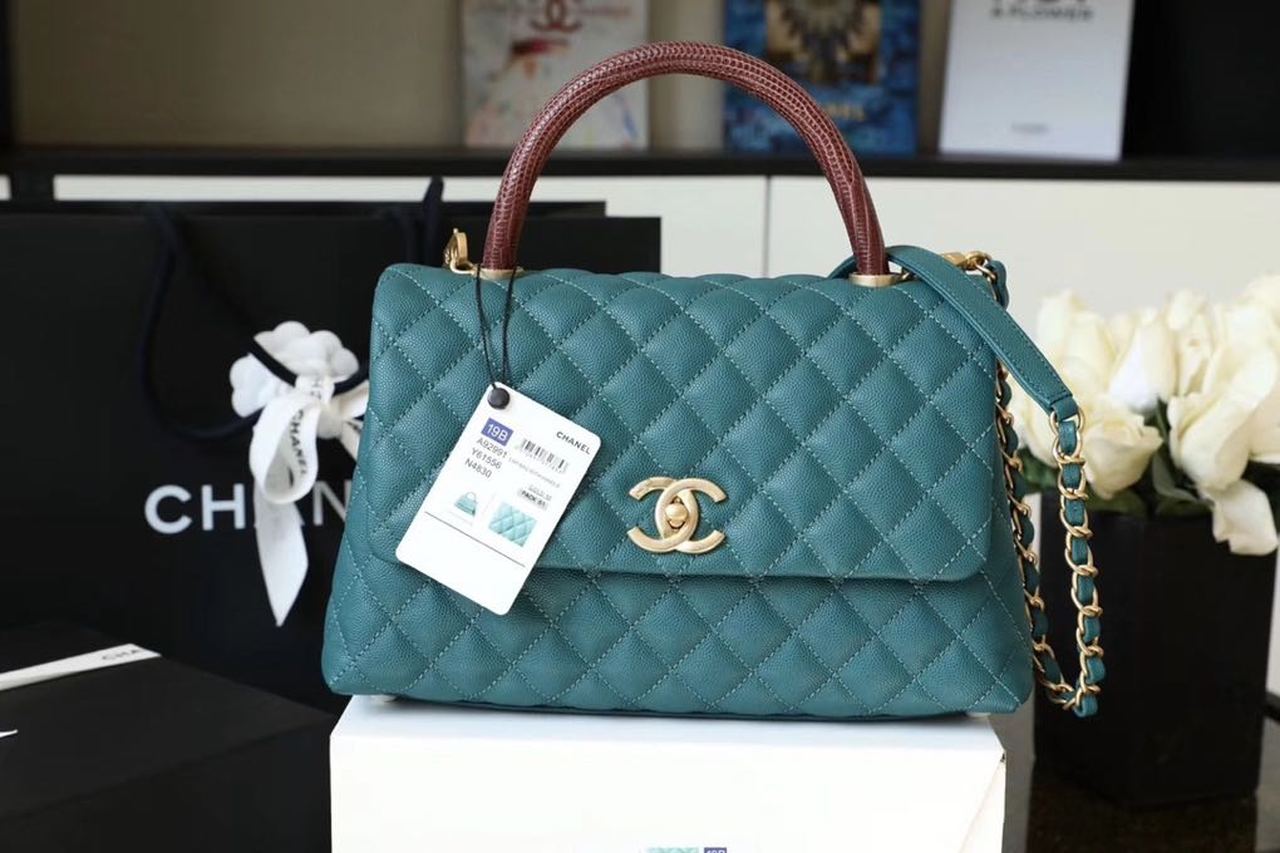 Chanel Large Flap Bag With Top Handle Teal For Women, Women’s Handbags, Shoulder And Crossbody Bags 11in/28cm