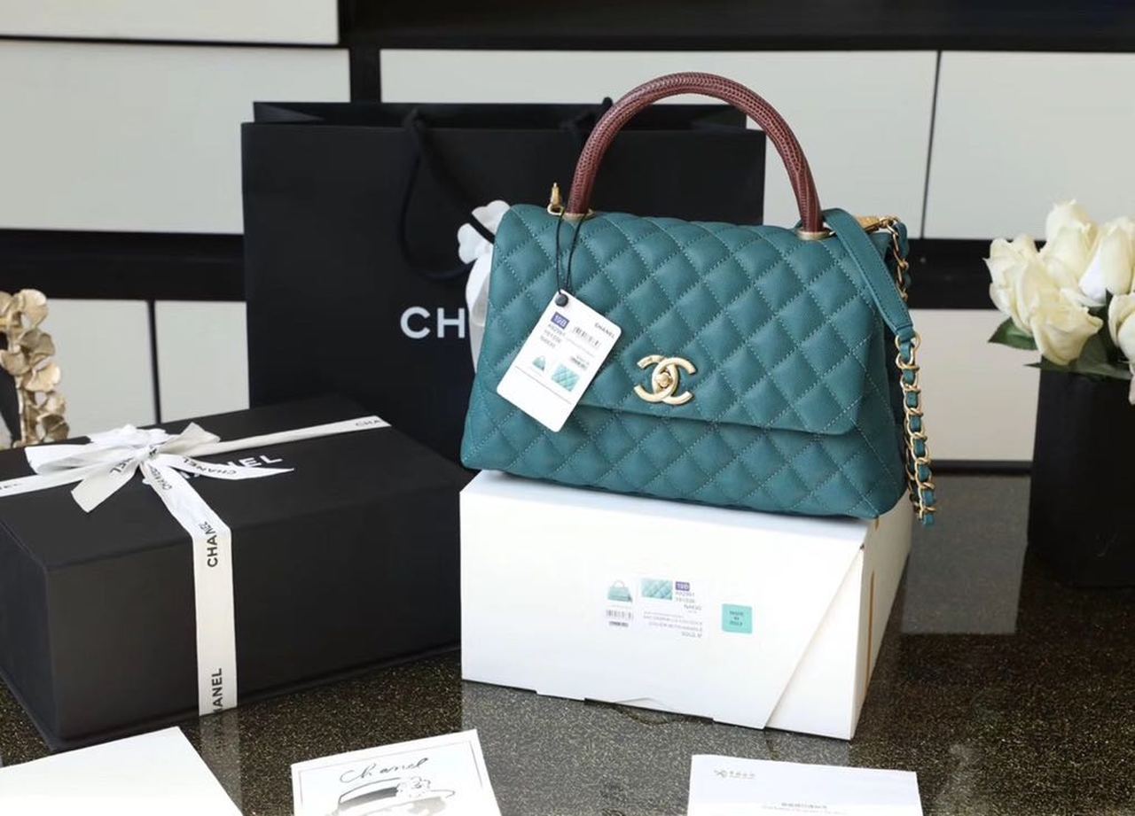 Chanel Large Flap Bag With Top Handle Teal For Women, Women’s Handbags, Shoulder And Crossbody Bags 11in/28cm