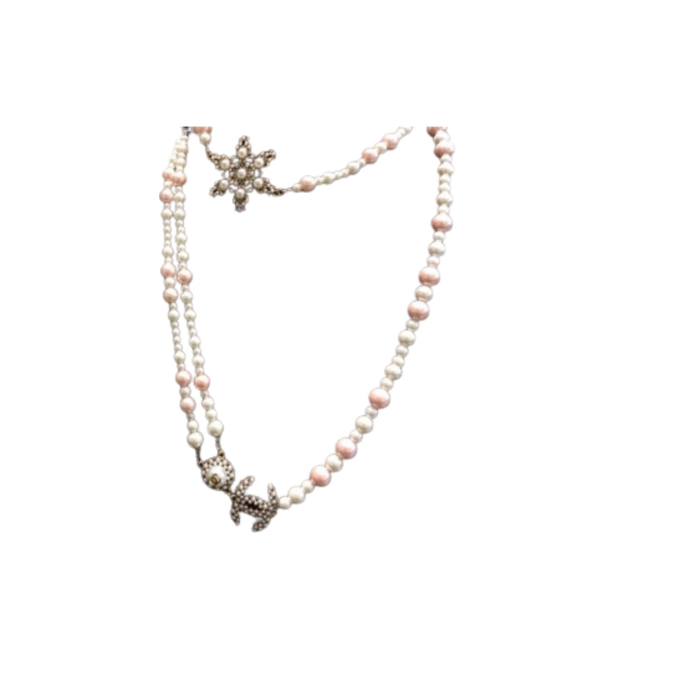 Chanel Layered Crystals Flower Pearl Necklace White For Women