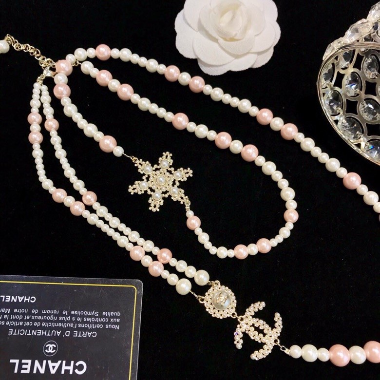 Chanel Layered Crystals Flower Pearl Necklace White For Women