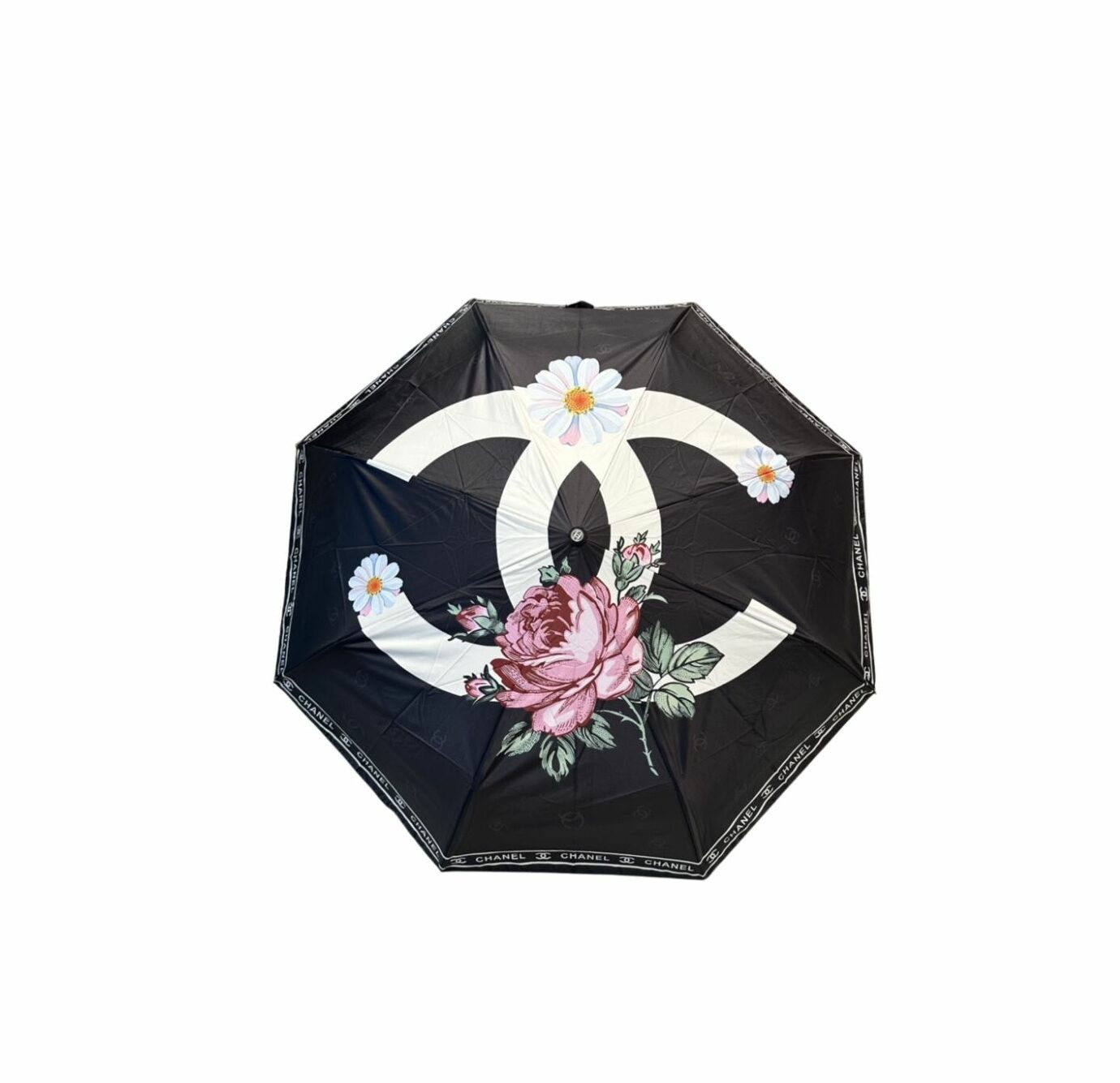 Chanel Logo CC And Flower Folding Umbrella Black