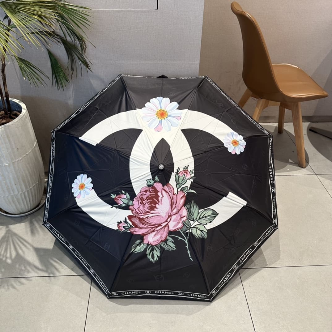 Chanel Logo CC And Flower Folding Umbrella Black
