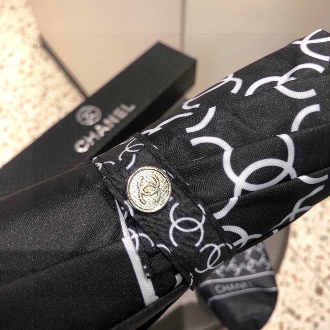 Chanel Logo CC Print Folding Umbrella Black