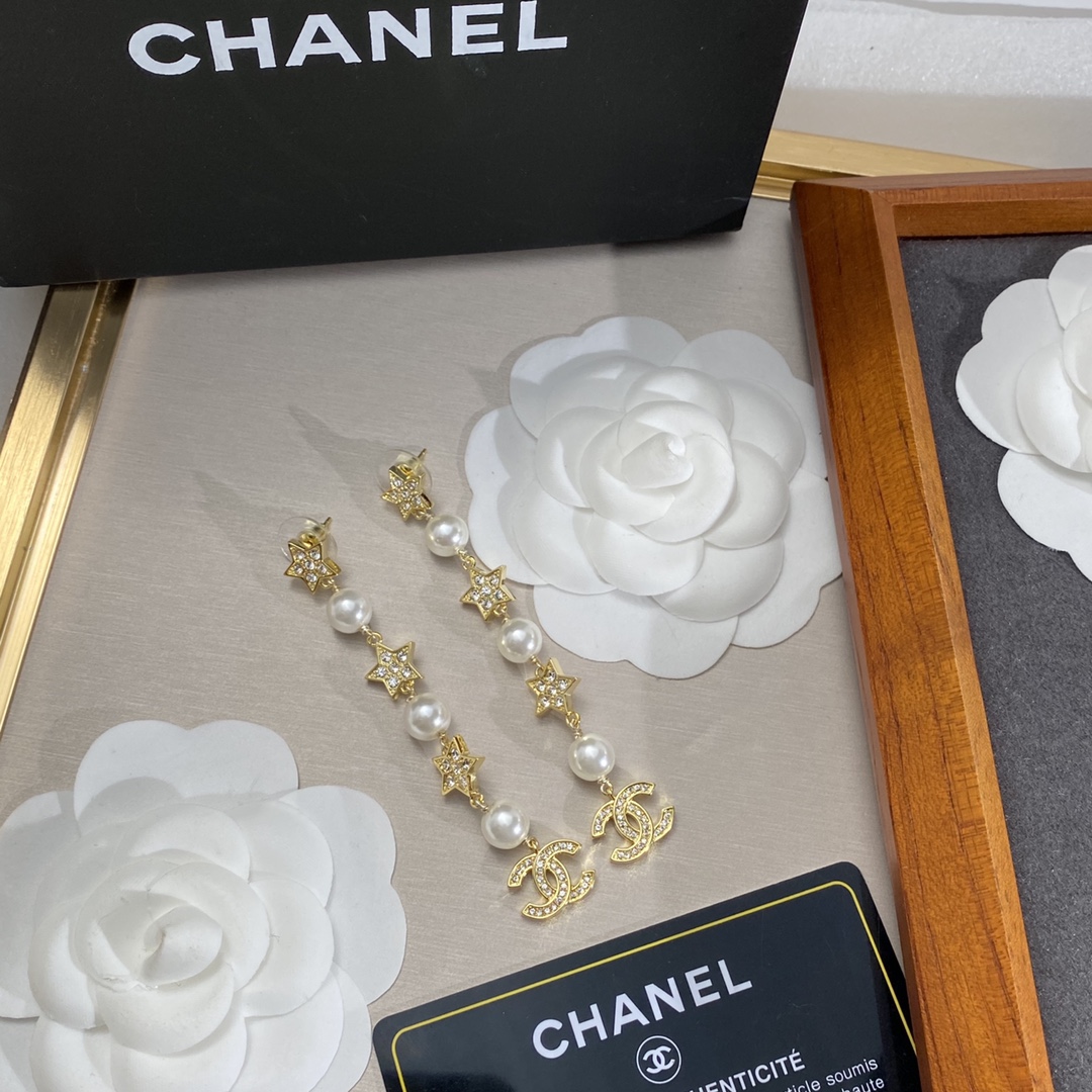 Chanel Long Star Earrings Gold For Women