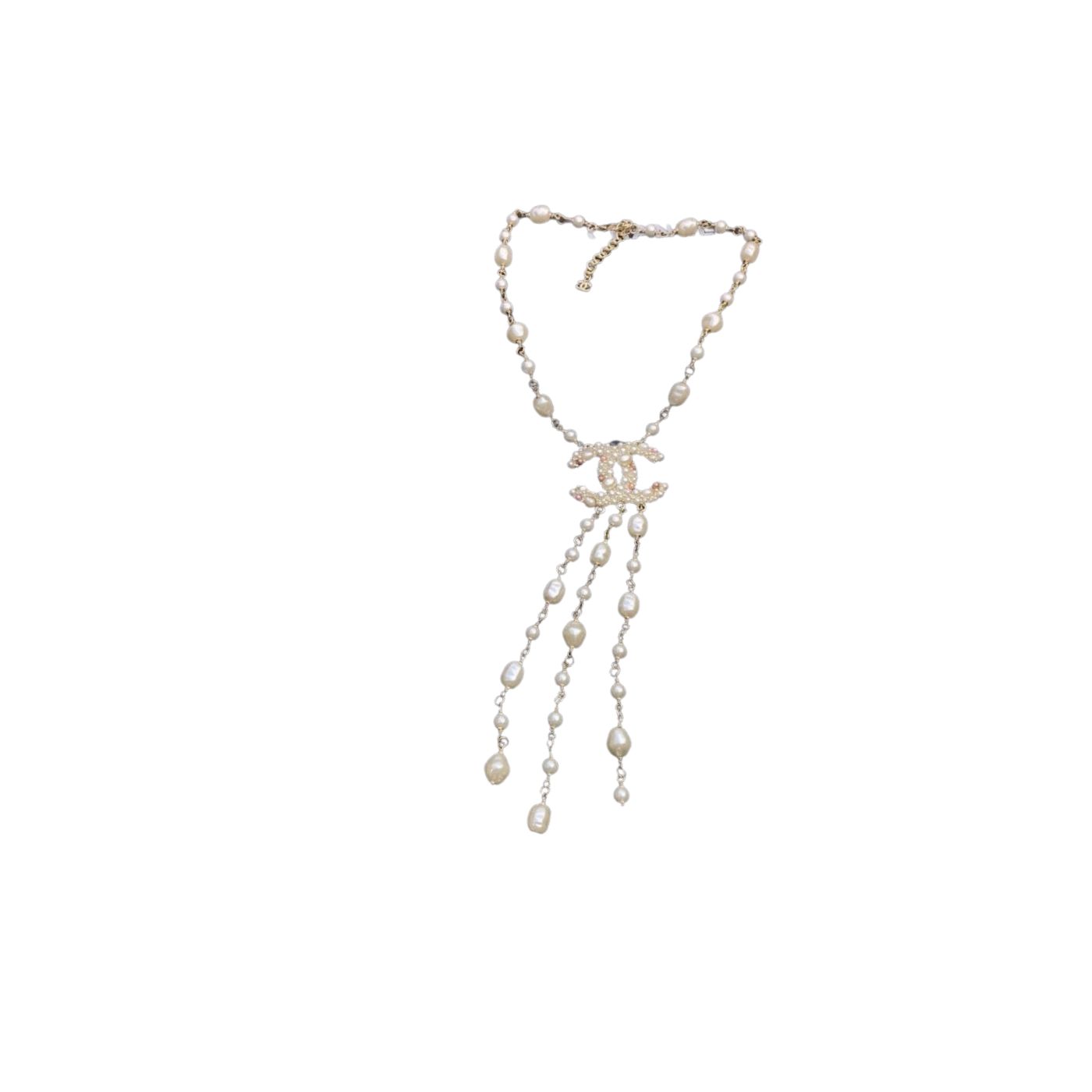 Chanel Long Stylized Pearl Necklace Gold Tone For Women