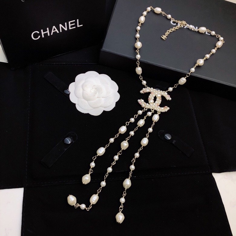 Chanel Long Stylized Pearl Necklace Gold Tone For Women