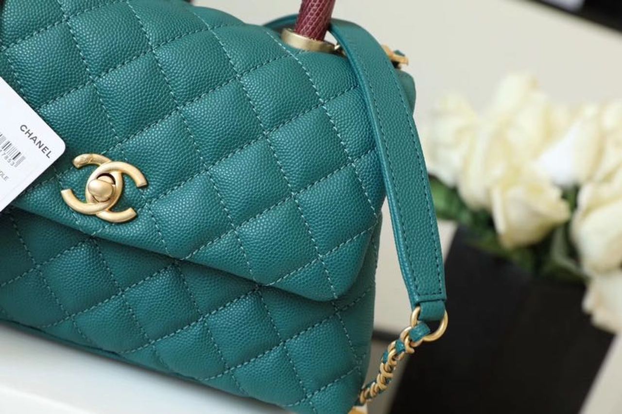 Chanel Medium Flap Bag With Top Handle Teal For Women, Women’s Handbags, Shoulder And Crossbody Bags 9in/23cm