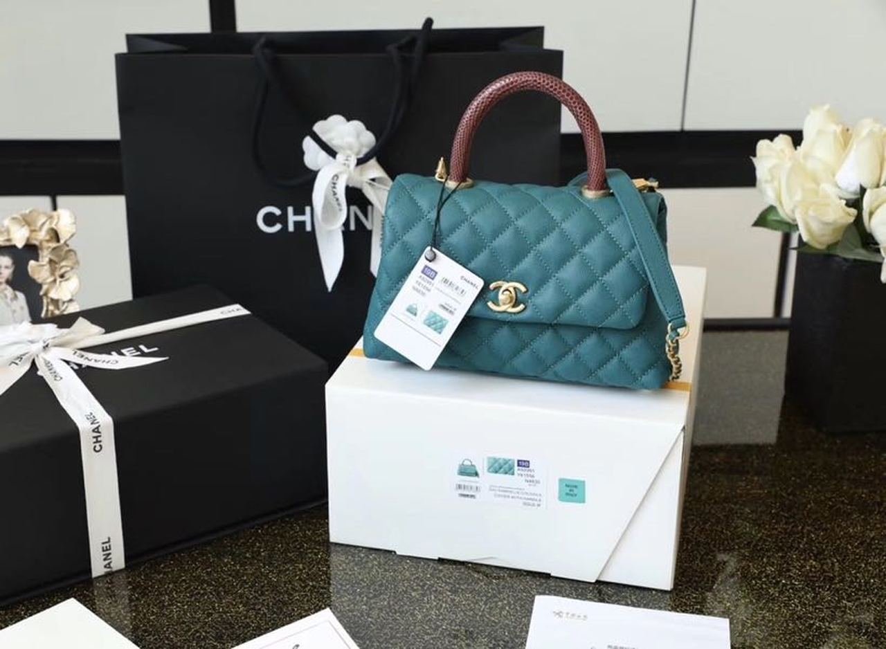 Chanel Medium Flap Bag With Top Handle Teal For Women, Women’s Handbags, Shoulder And Crossbody Bags 9in/23cm