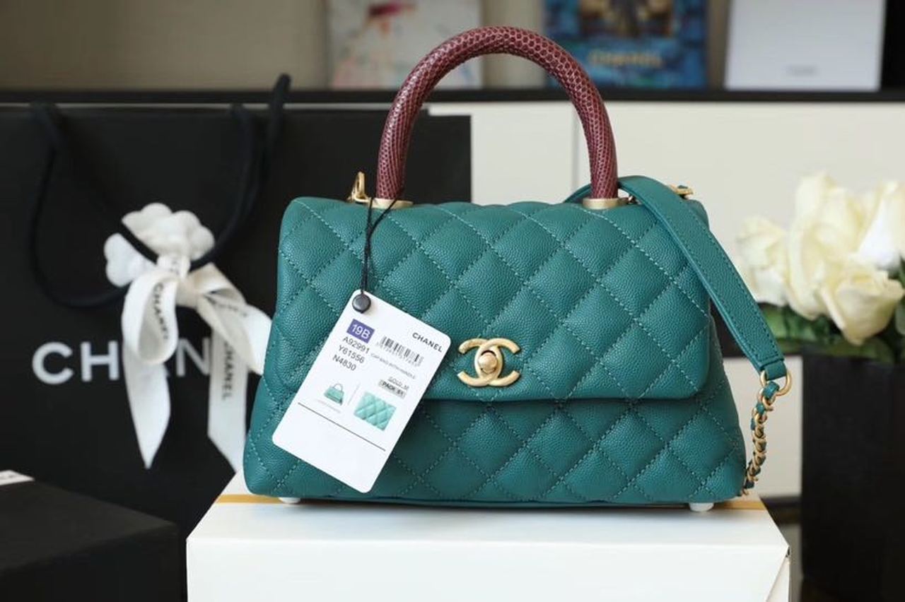 Chanel Medium Flap Bag With Top Handle Teal For Women, Women’s Handbags, Shoulder And Crossbody Bags 9in/23cm