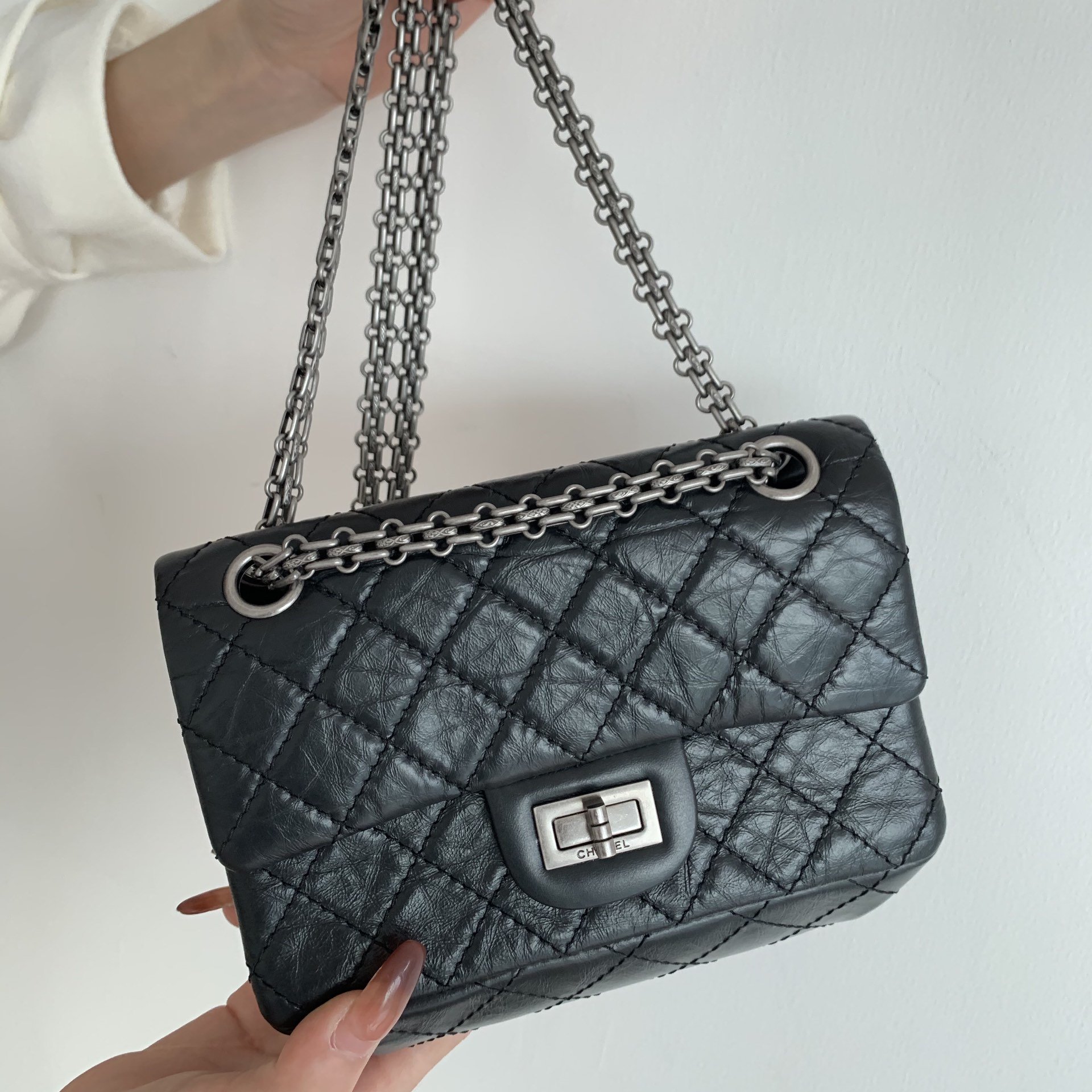 Chanel Mini 2.55 Handbag Black For Women Silver Toned Hardware 7.8in/20cm AS0874 94305